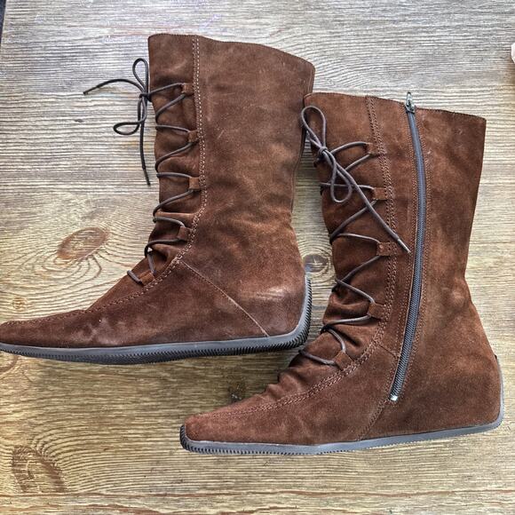 Elle Brown Chestnut Suede Womens Size 7-7.5 Boot Lace Up Square Toe Mid Calf - Picture 6 of 8